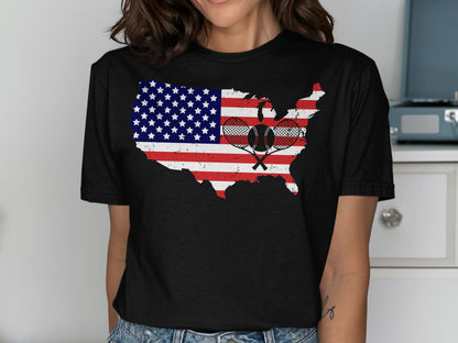 Black t-shirt with US map flag design featuring crossed tennis rackets.