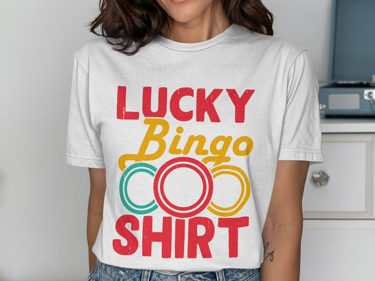 White t-shirt with "Lucky Bingo Shirt" and bingo balls graphic.
