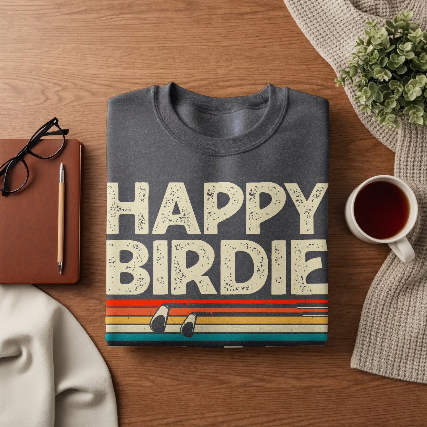 Dark gray sweatshirt with "Happy Birdie" text and colorful stripes.