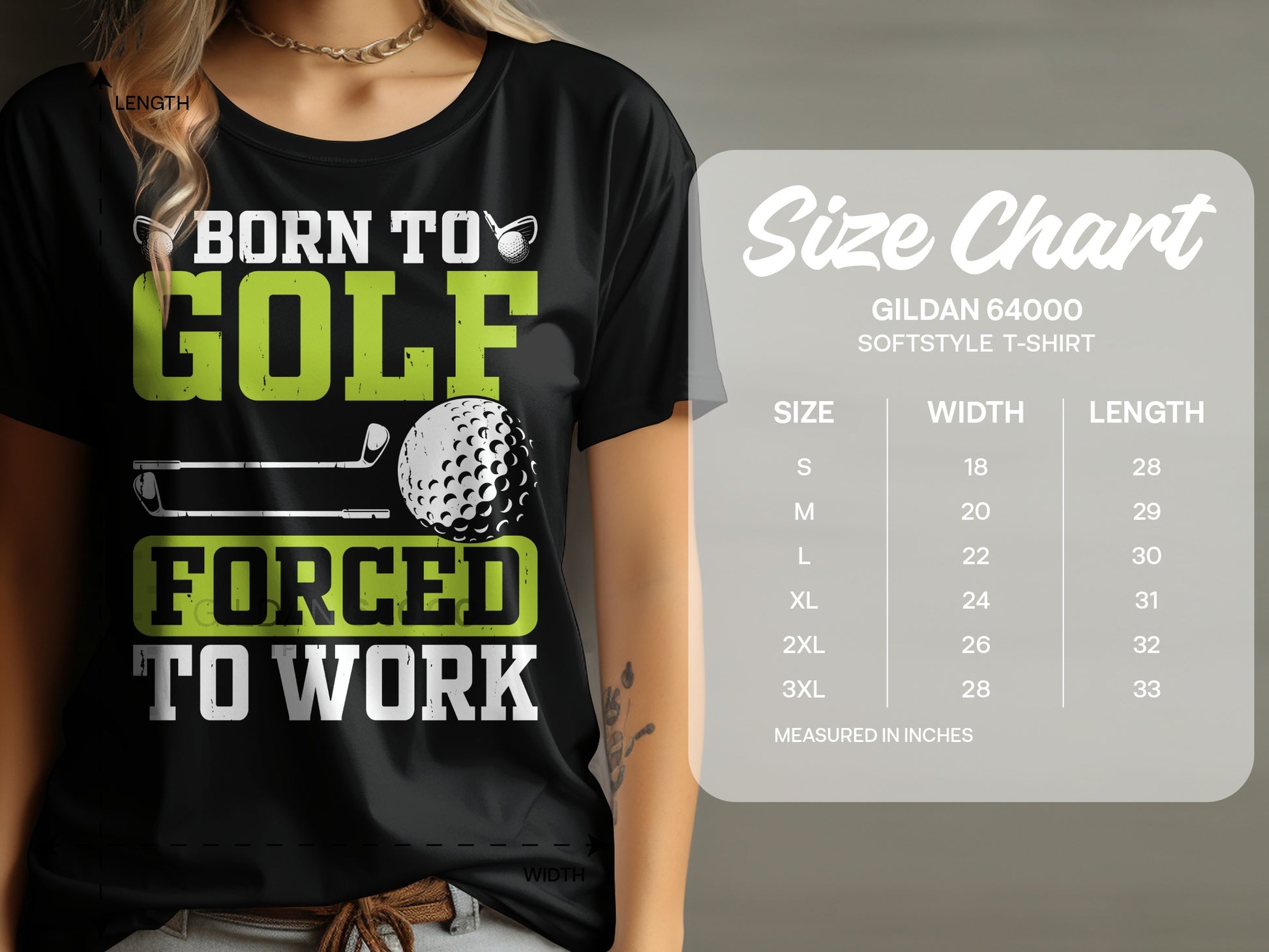 T-shirt with "Born to Golf, Forced to Work" graphic and size chart.