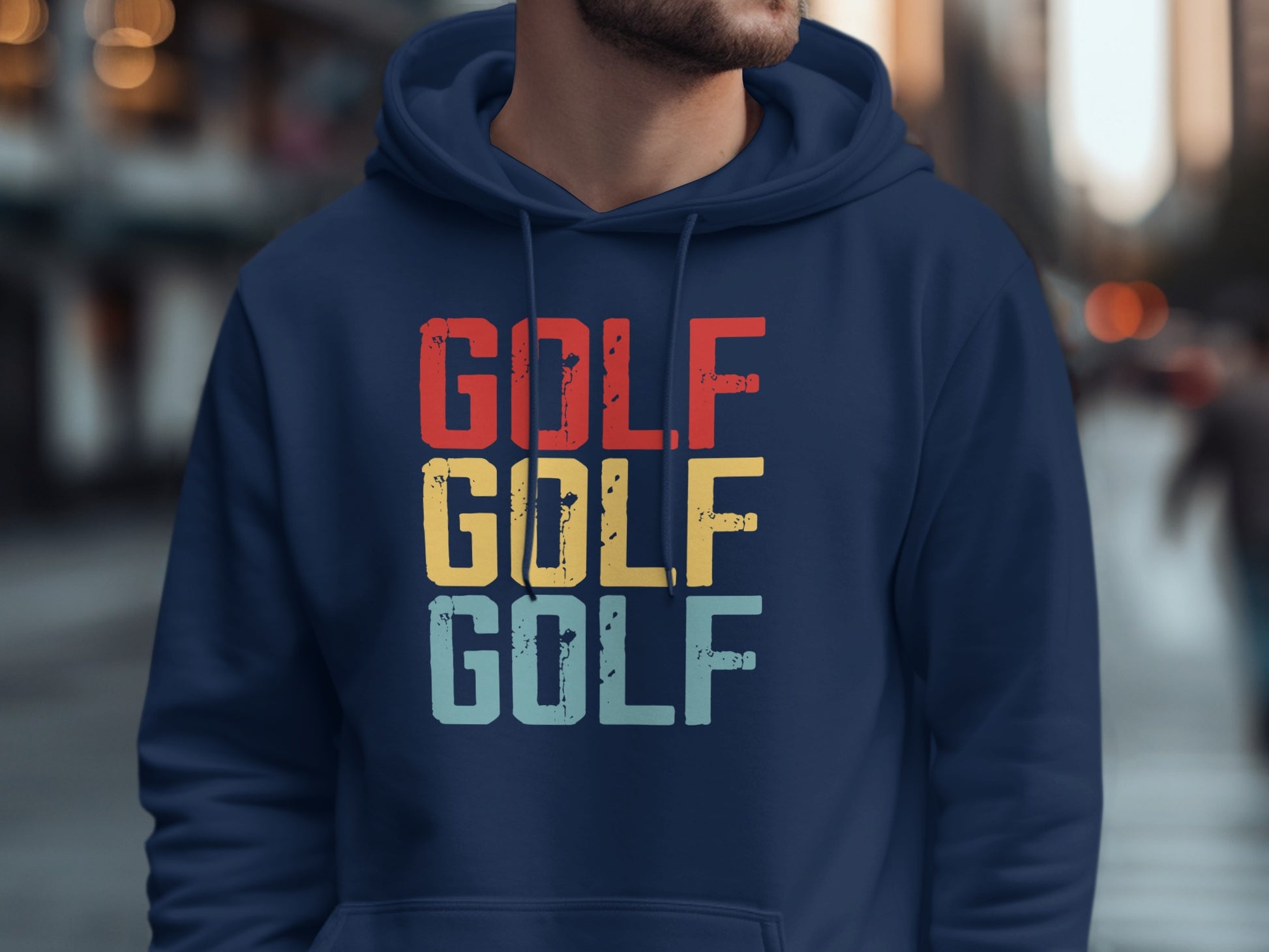 Navy hoodie with "GOLF" printed in red, yellow, and blue block letters.