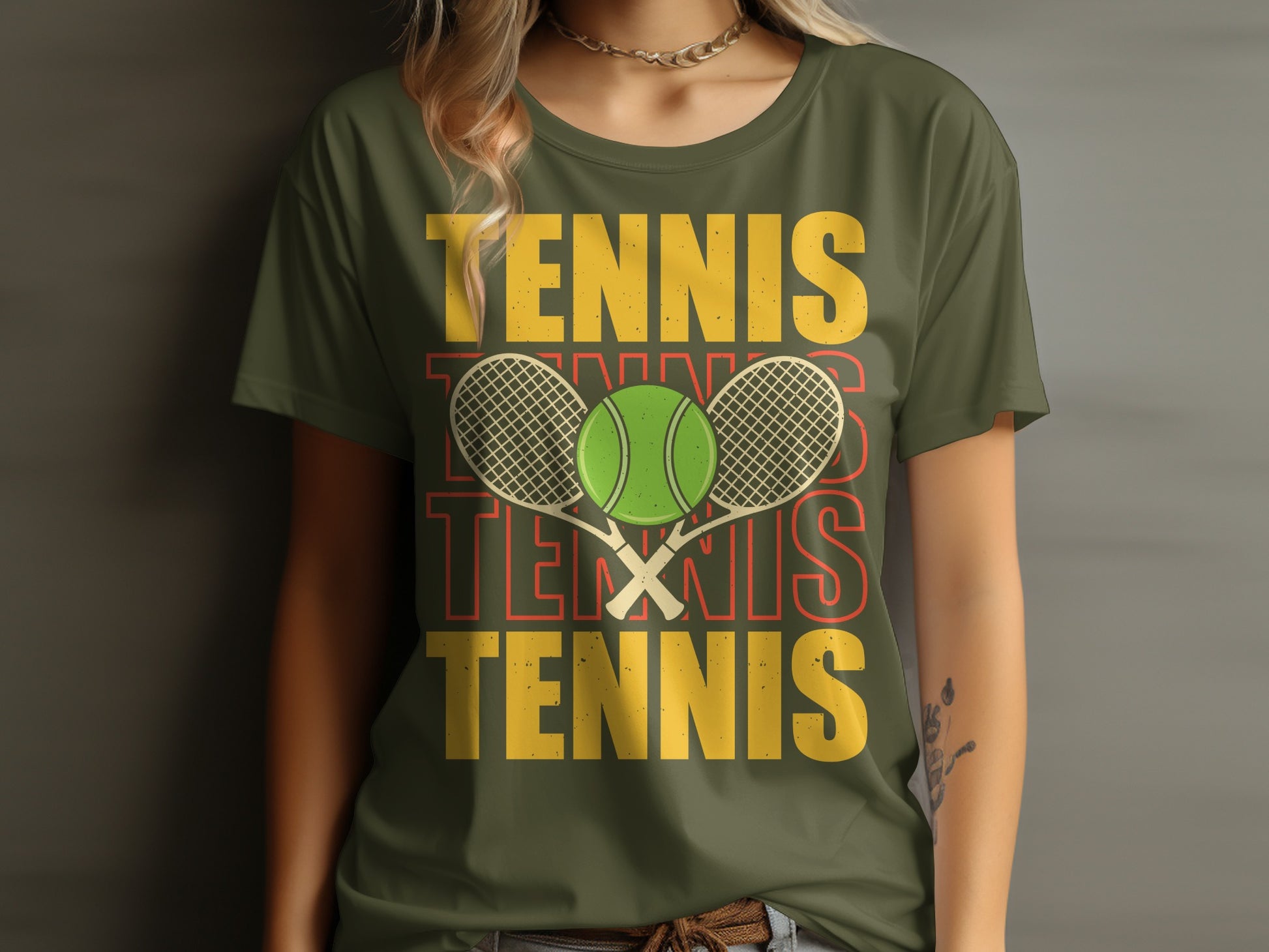 Green t-shirt with "TENNIS" text and tennis ball and rackets graphic.