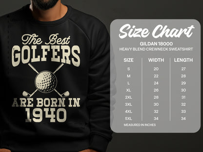 Black sweatshirt with "The Best Golfers Are Born in 1940" text and size chart.
