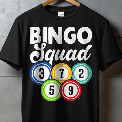 Black t-shirt with "Bingo Squad" text and colorful bingo balls.