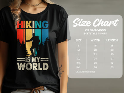 T-shirt graphic with hiker and "Hiking is my world" text, next to a size chart.