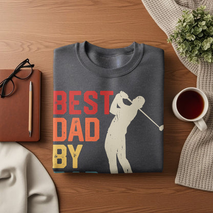 Dark grey sweatshirt with "BEST DAD BY PAR" text and golfer graphic.