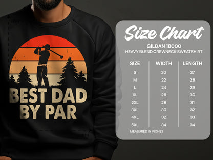 Men's black sweatshirt with "Best Dad By Par" golf graphic and size chart.