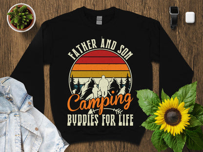 Black sweatshirt with "Father and Son Camping Buddies for Life" graphic.