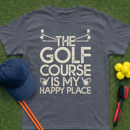 Dark heather t-shirt with "The Golf Course Is My Happy Place" text and golf club graphics.