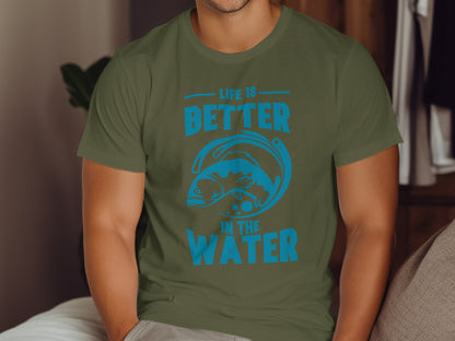 Green t-shirt with blue graphic and text "LIFE IS BETTER IN THE WATER".