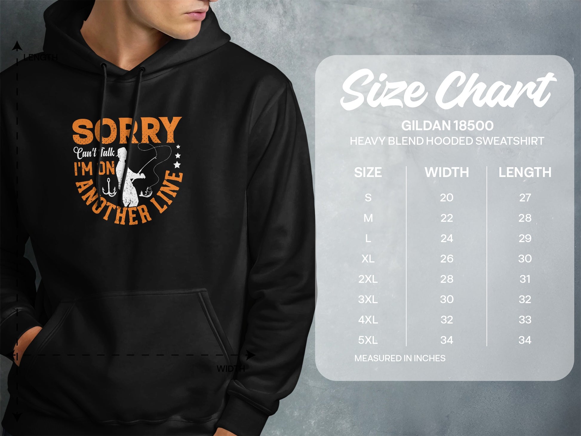 Hoodie with "Sorry Can't Talk I'm On Another Line" text and size chart.