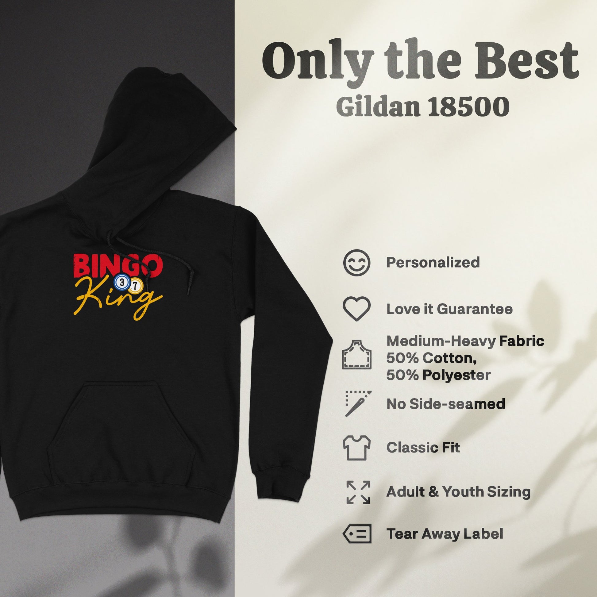 Gildan 18500 black hoodie with "Bingo King" graphic and product features.