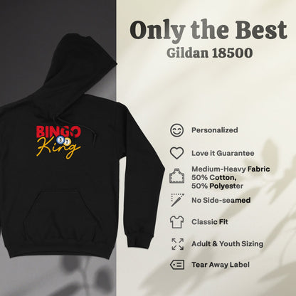 Gildan 18500 black hoodie with "Bingo King" graphic and product features.