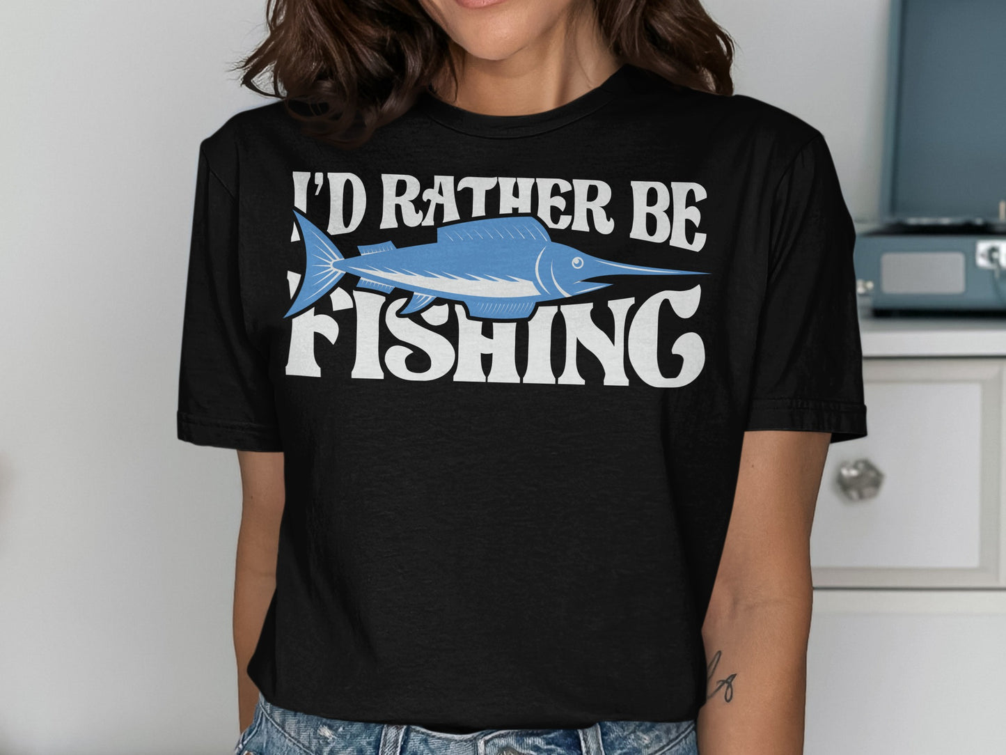 Black t-shirt with "I'd Rather Be Fishing" and a blue marlin graphic.