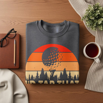 Dark gray sweatshirt with a vintage sunset golf graphic and text.
