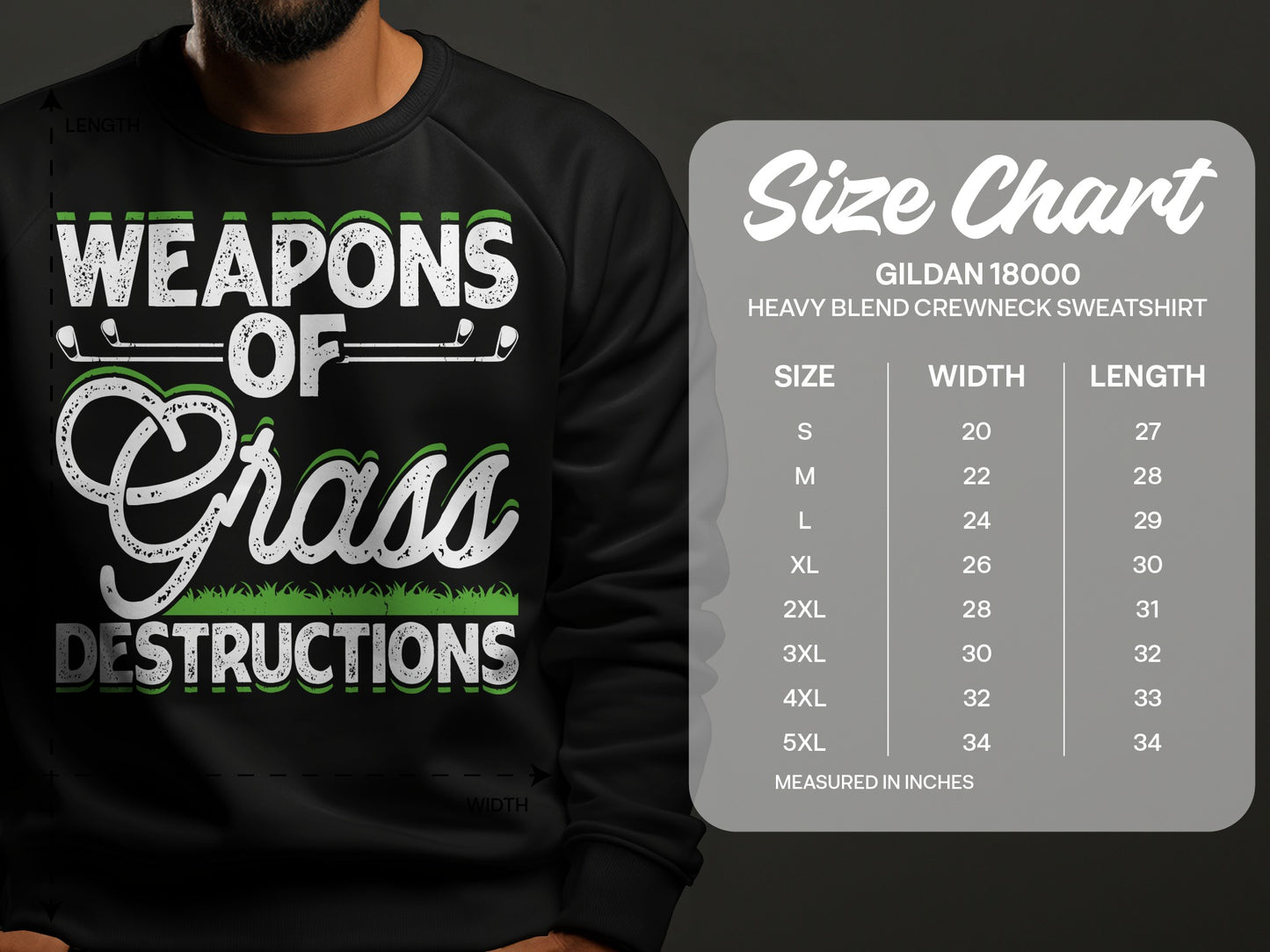 Sweatshirt with "Weapons of Grass Destructions" graphic and size chart.