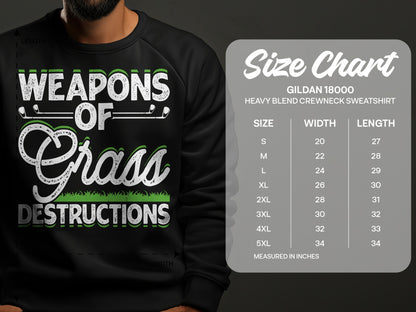 Sweatshirt with "Weapons of Grass Destructions" graphic and size chart.