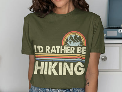 Olive green t-shirt with "I'd Rather Be Hiking" text and retro mountain graphic.