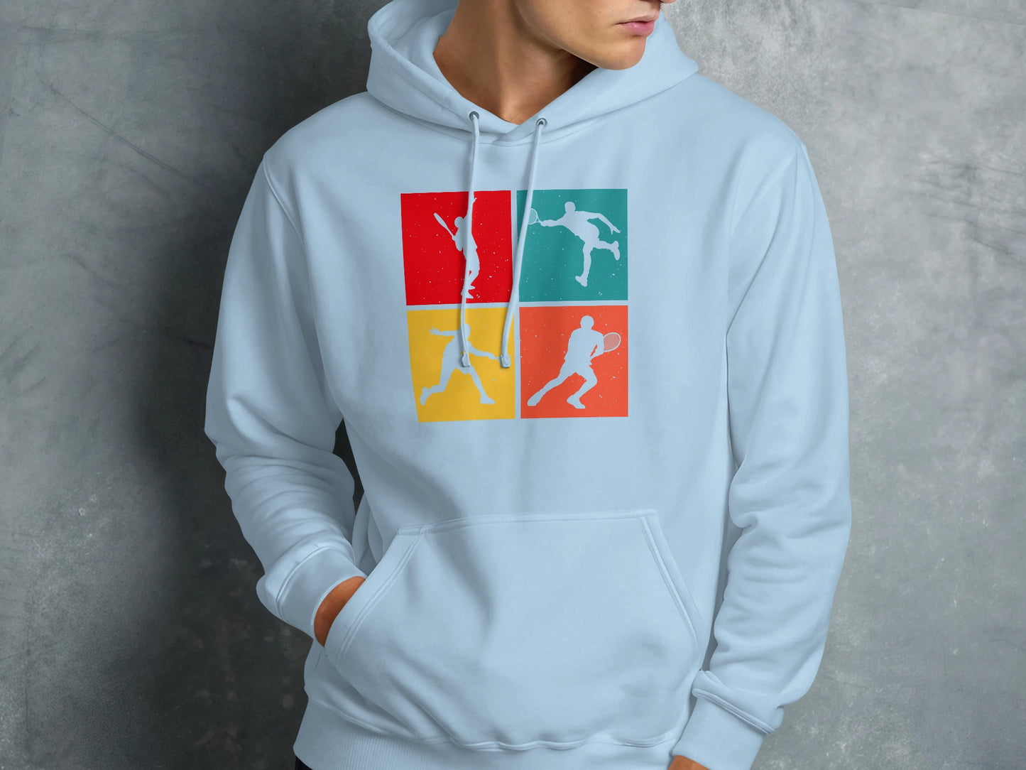 Light blue hoodie with four colorful tennis player silhouettes on the chest.
