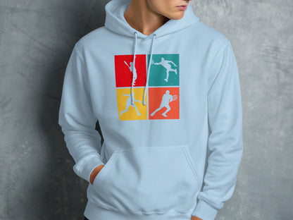 Light blue hoodie with four colorful tennis player silhouettes on the chest.