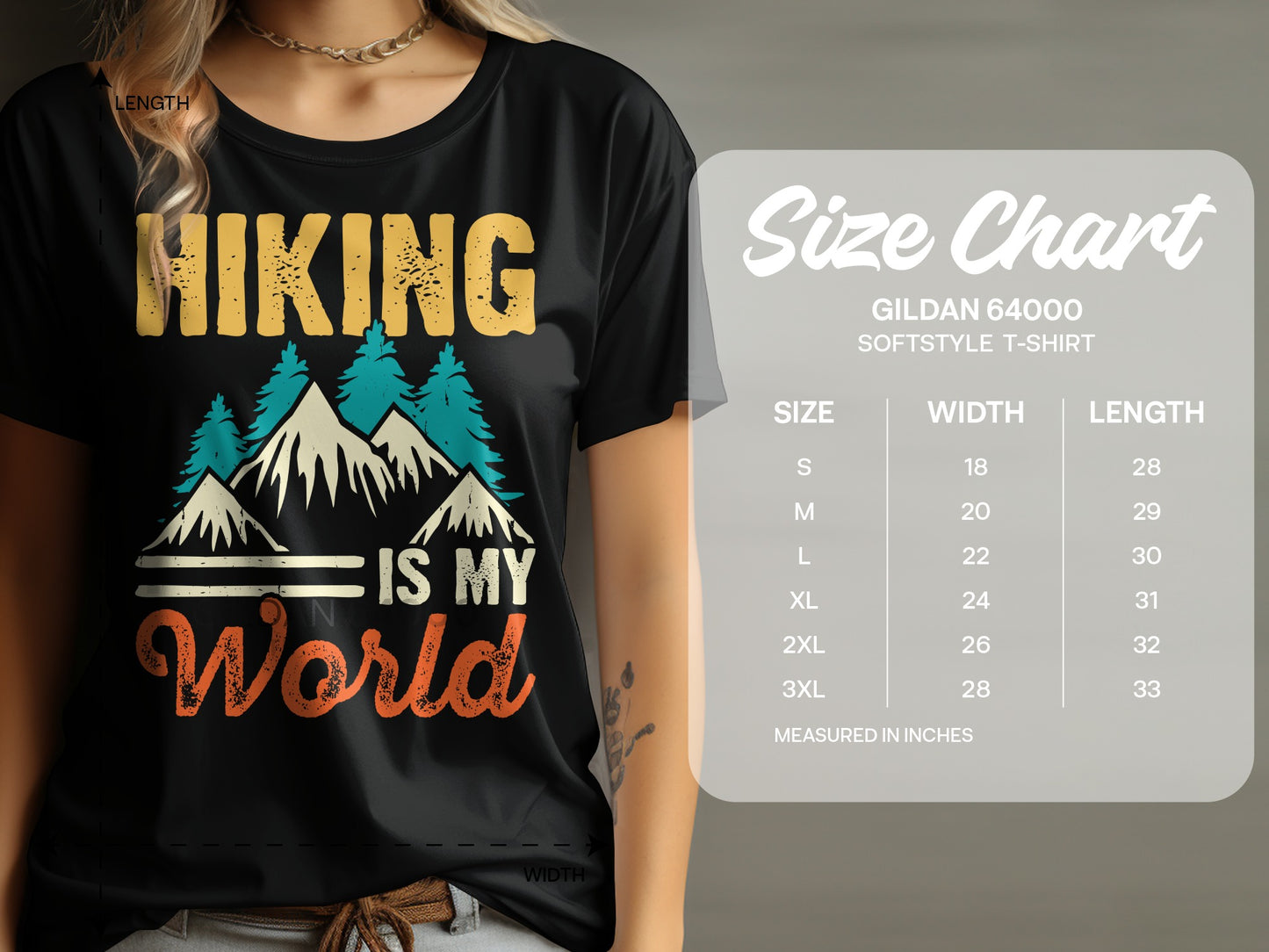 T-shirt with "Hiking is my World" graphic and size chart.
