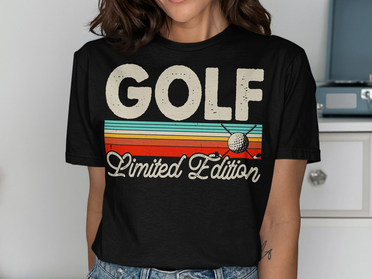 Black t-shirt with "GOLF Limited Edition" text and golf ball graphic.