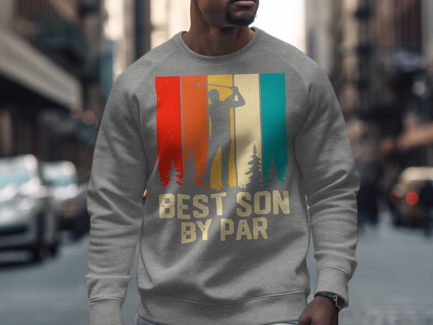 Gray sweatshirt with a golfer silhouette and "Best Son by Par" text.