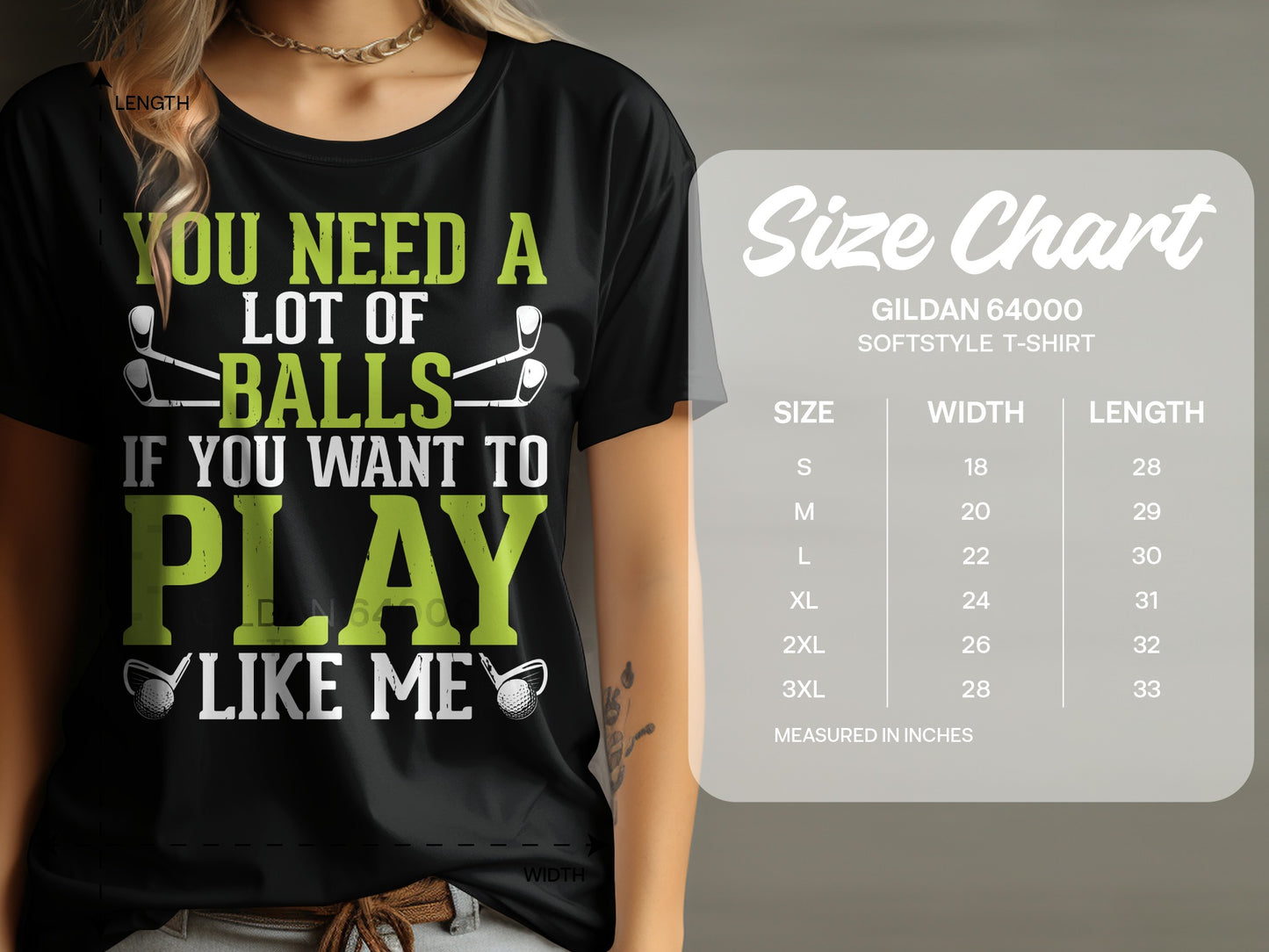 Black t-shirt with "You need a lot of balls if you want to play like me" text and size chart.