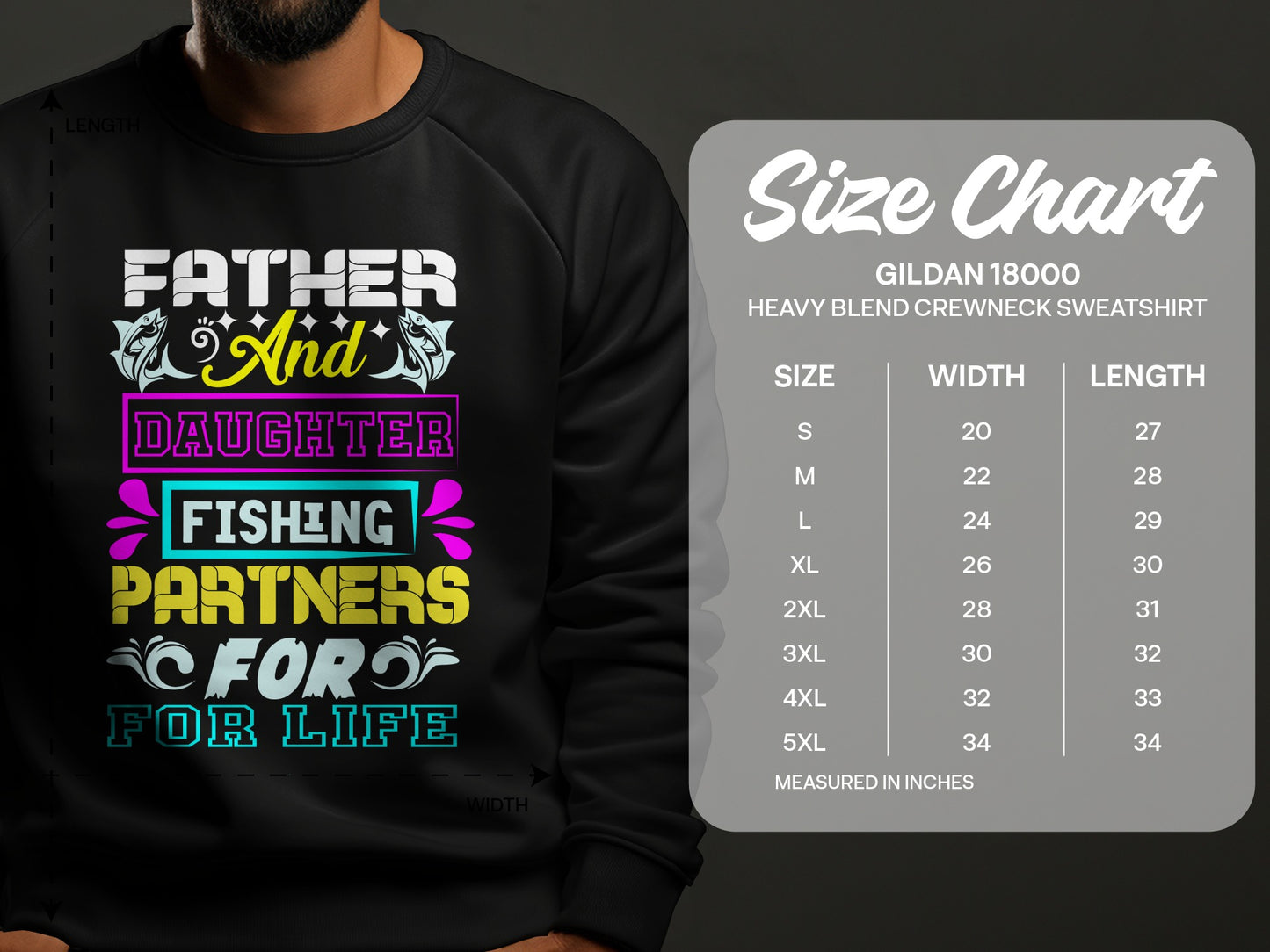 Black sweatshirt with "Father and Daughter Fishing Partners for Life" graphic and size chart.