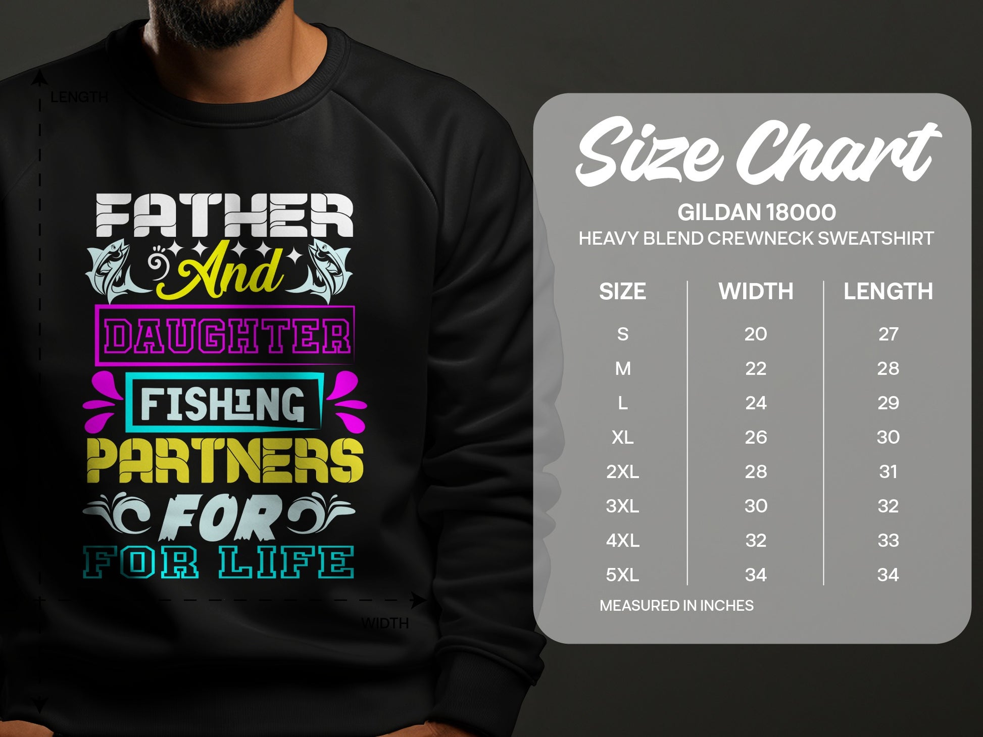 Black sweatshirt with "Father and Daughter Fishing Partners for Life" graphic and size chart.