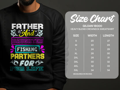 Black sweatshirt with "Father and Daughter Fishing Partners for Life" graphic and size chart.