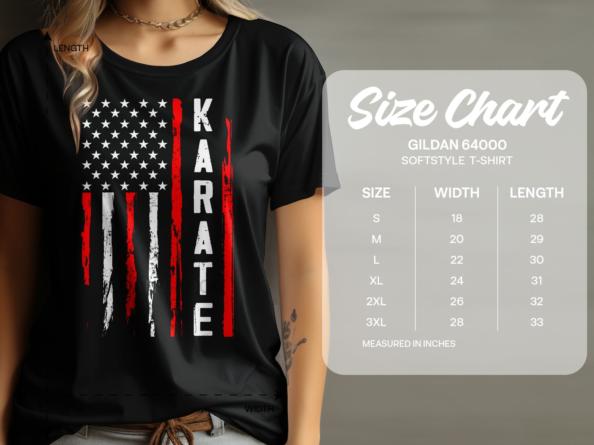 Black t-shirt with distressed American flag and "KARATE" text, paired with size chart.