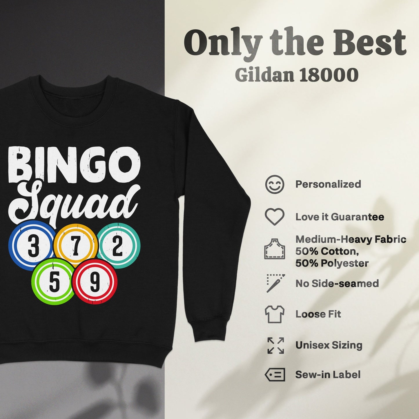 Black Gildan 18000 sweatshirt with "BINGO Squad" and colorful bingo balls.