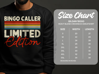 Gildan 18000 sweatshirt size chart with "Bingo Caller Limited Edition" graphic.