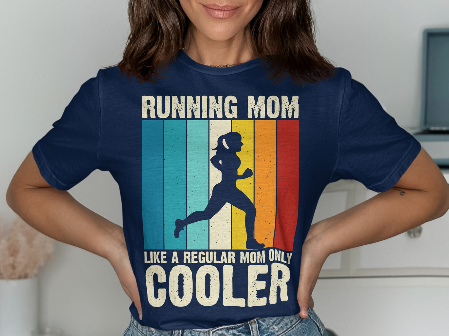 Navy t-shirt with "Running Mom Like a Regular Mom Only Cooler" text and runner silhouette.