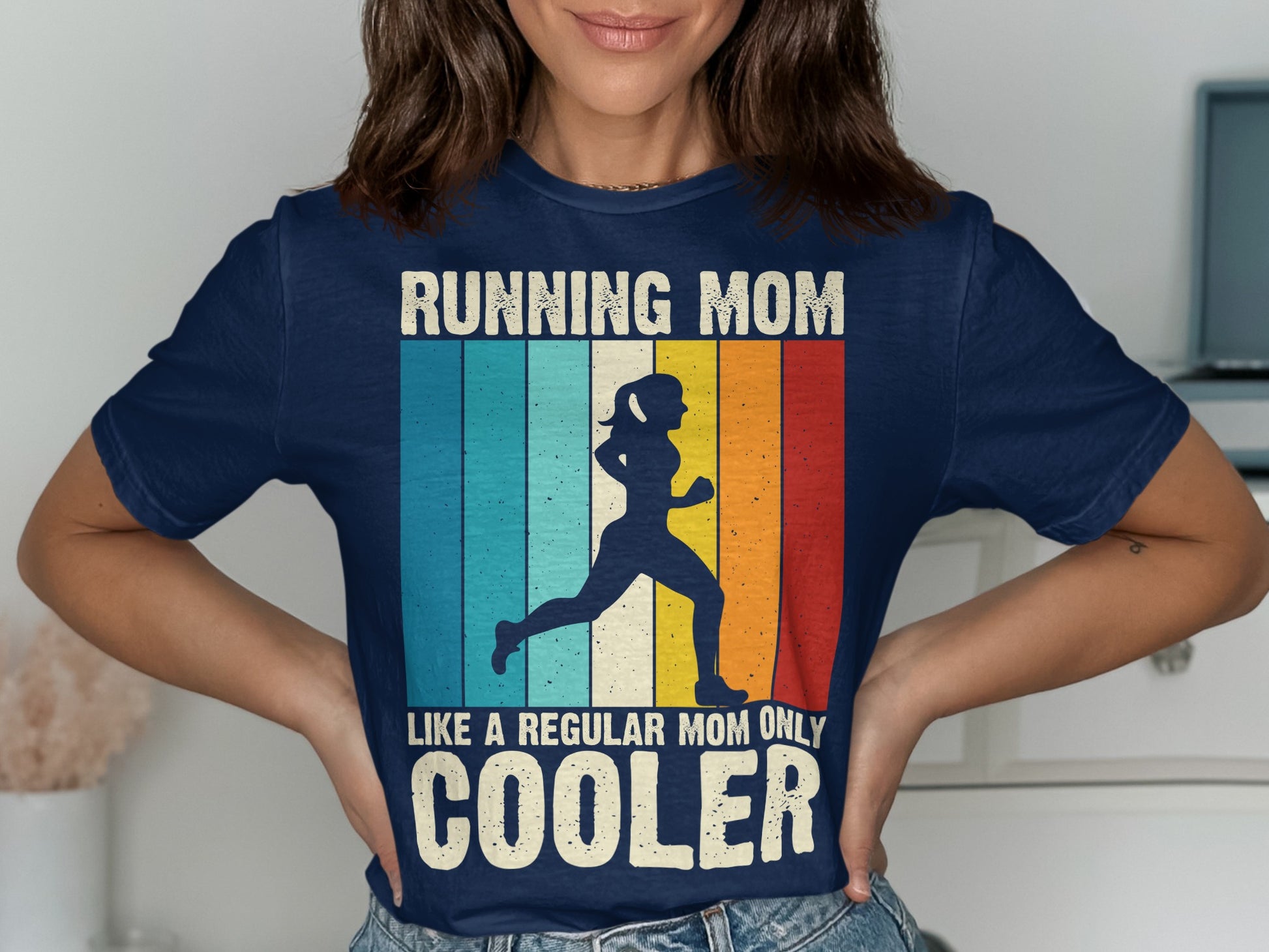 Navy t-shirt with "Running Mom Like a Regular Mom Only Cooler" text and runner silhouette.