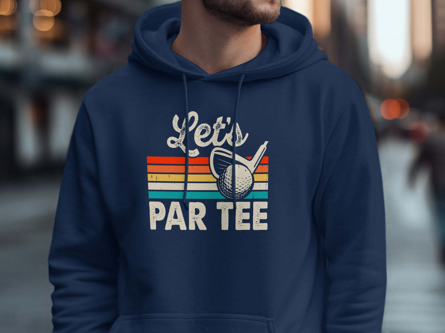 Navy hoodie with "Let's PAR TEE" text, golf club, and ball.