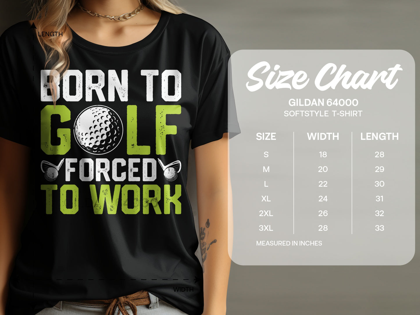 Black t-shirt with "Born to Golf Forced to Work" graphic and size chart.
