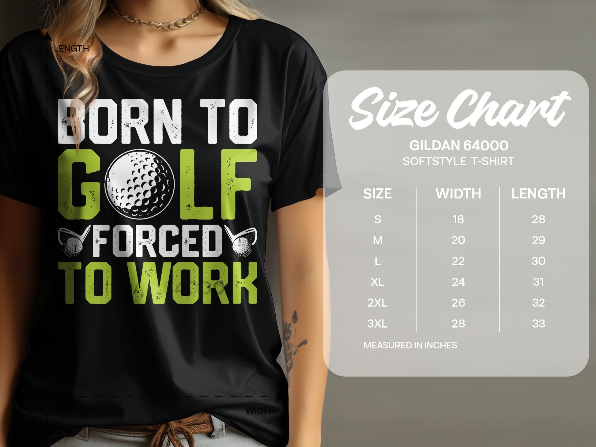 Black t-shirt with "Born to Golf Forced to Work" graphic and size chart.