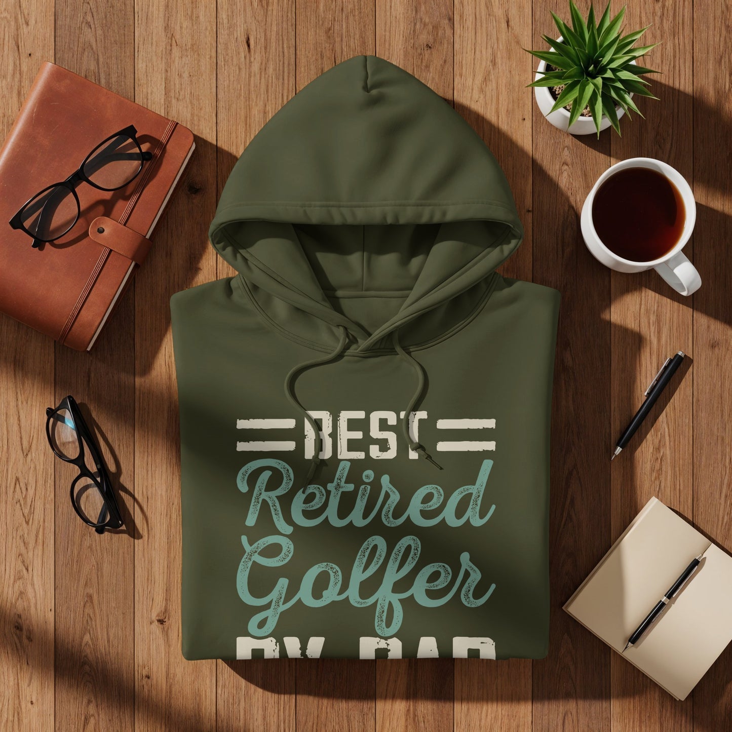 Olive green hoodie with "BEST RETIRED GOLFER DAD" text.