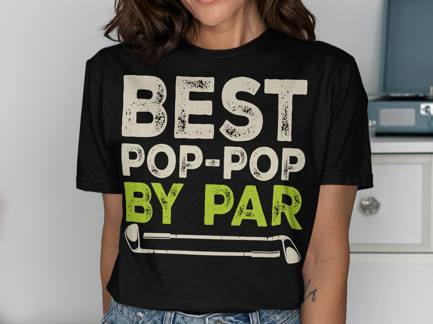Black t-shirt with "BEST POP-POP BY PAR" and golf club graphic.
