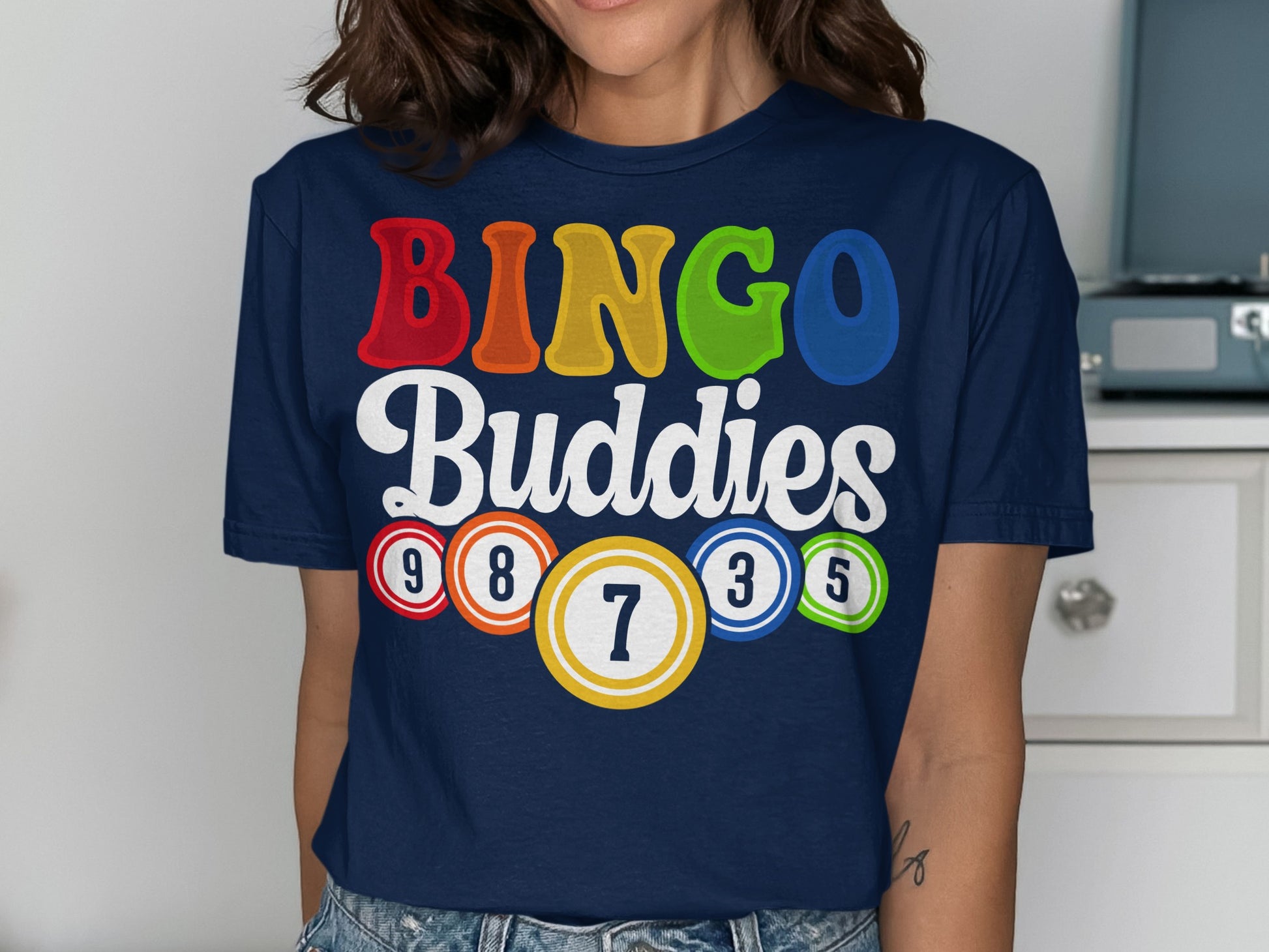 Navy t-shirt with "Bingo Buddies" and bingo balls.