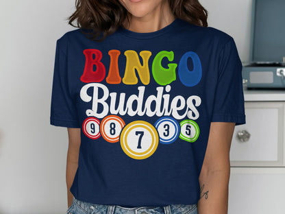 Navy t-shirt with "Bingo Buddies" and bingo balls.