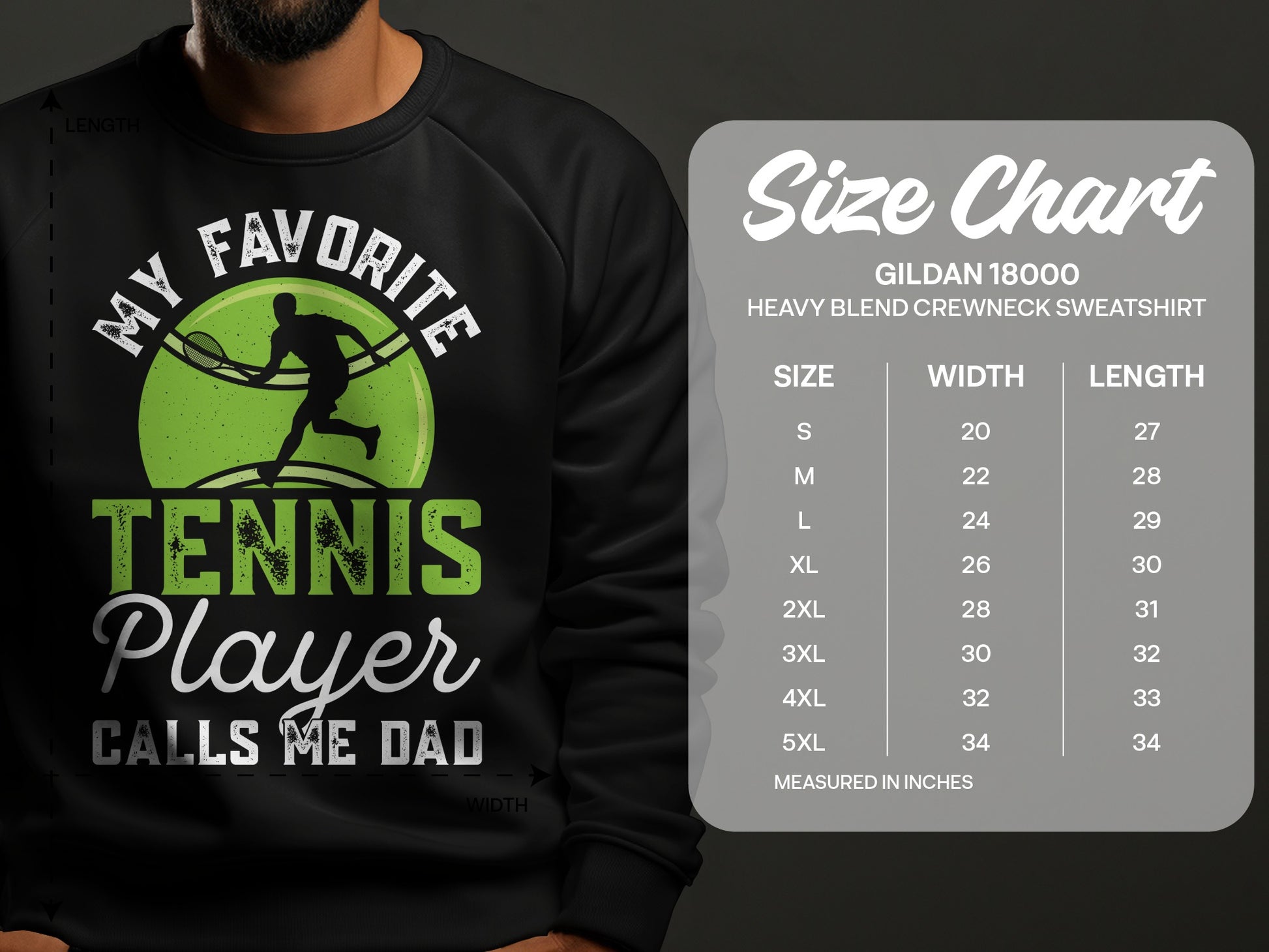 Black sweatshirt with "My Favorite Tennis Player Calls Me Dad" text and size chart.