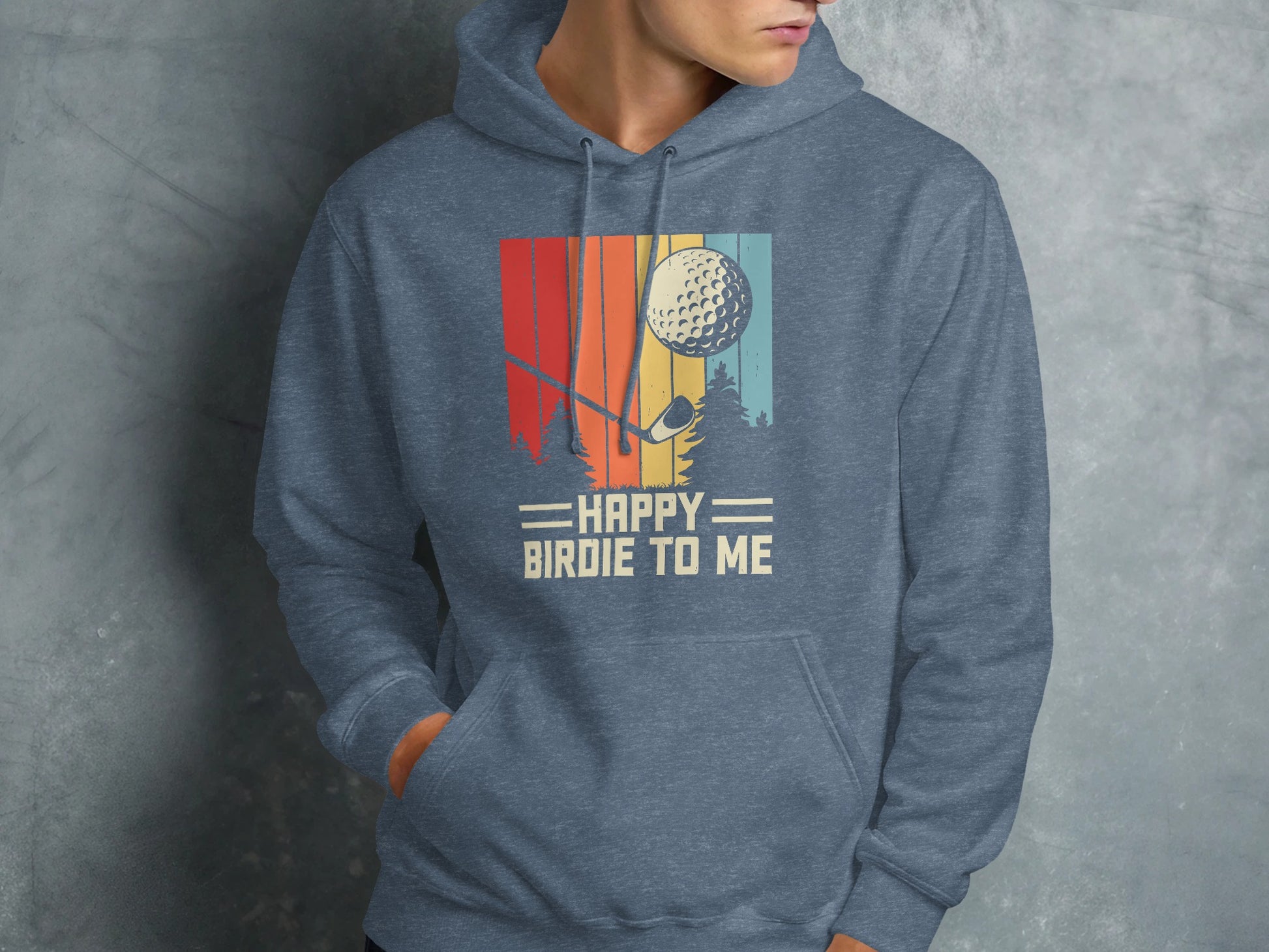 Grey hoodie with vintage stripes, golf club, ball, and "Happy Birdie To Me" text.