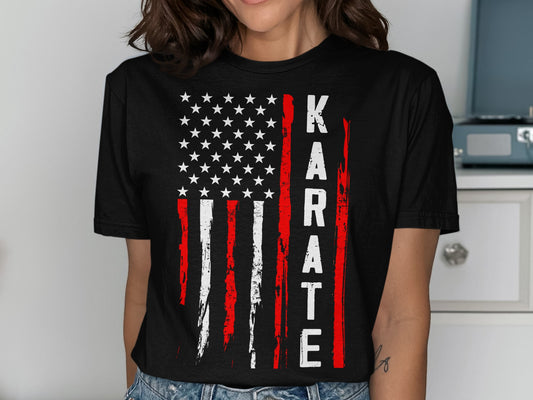 Black t-shirt with distressed American flag and "KARATE" text.