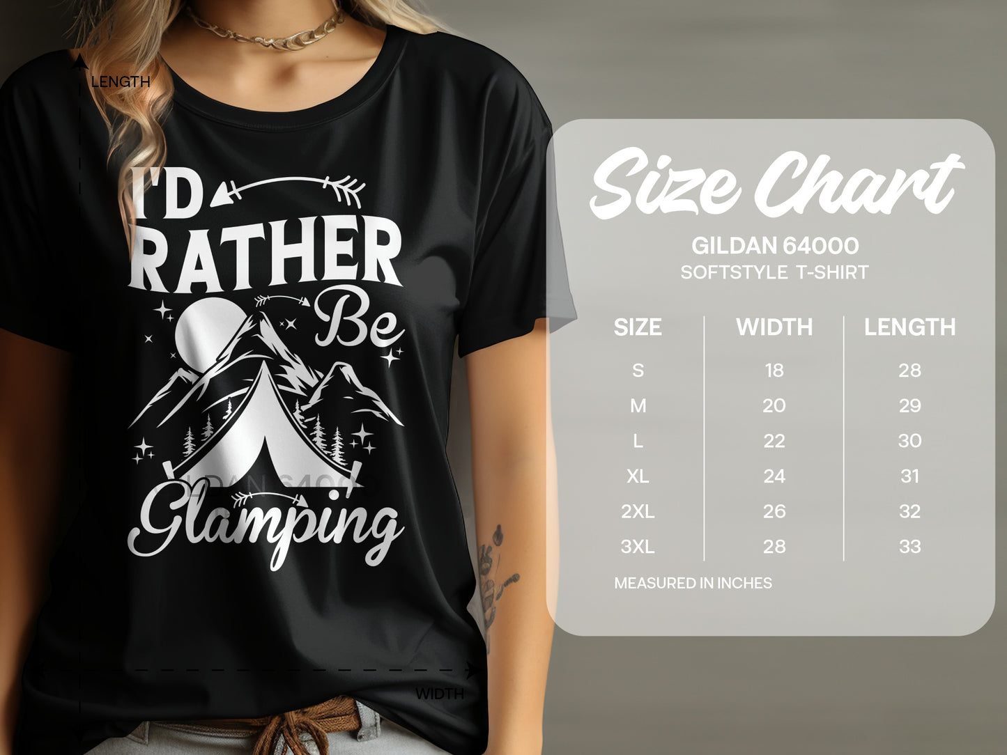 Black t-shirt with "I'd Rather Be Glamping" text and tent graphic, with size chart.
