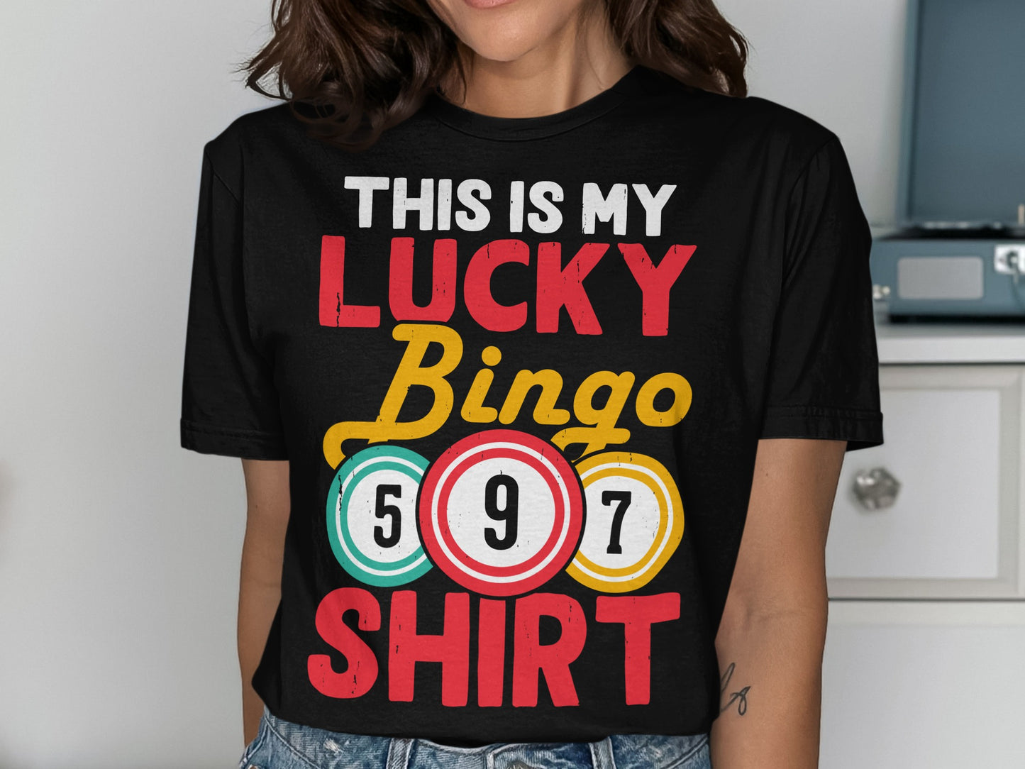 Black t-shirt with "This is my Lucky Bingo Shirt" and bingo balls.