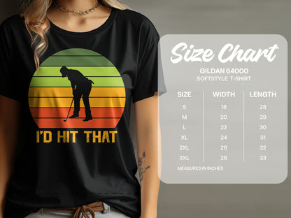 Black t-shirt with "I'd Hit That" and golfer graphic; size chart details.