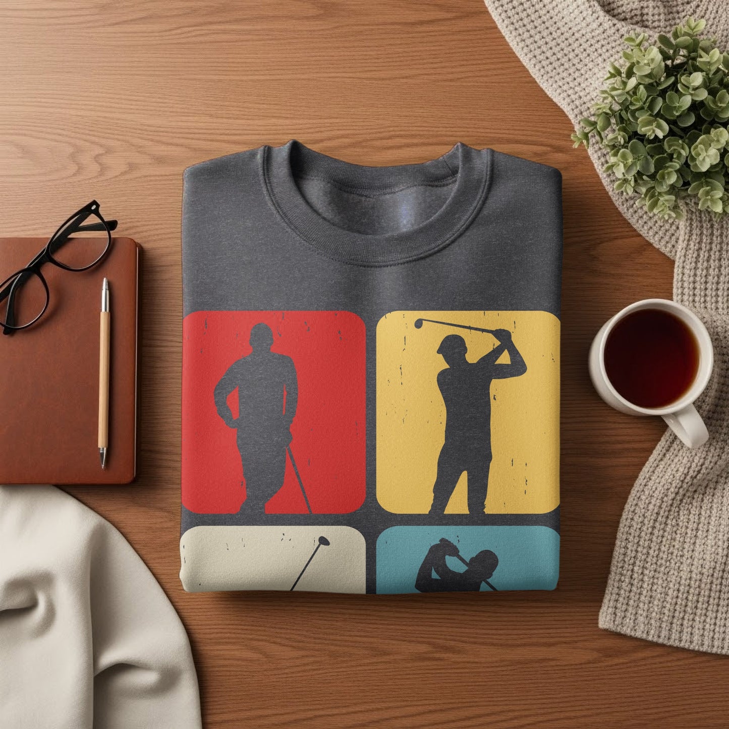 Dark sweatshirt featuring four vintage-style golfer silhouettes on colorful blocks.